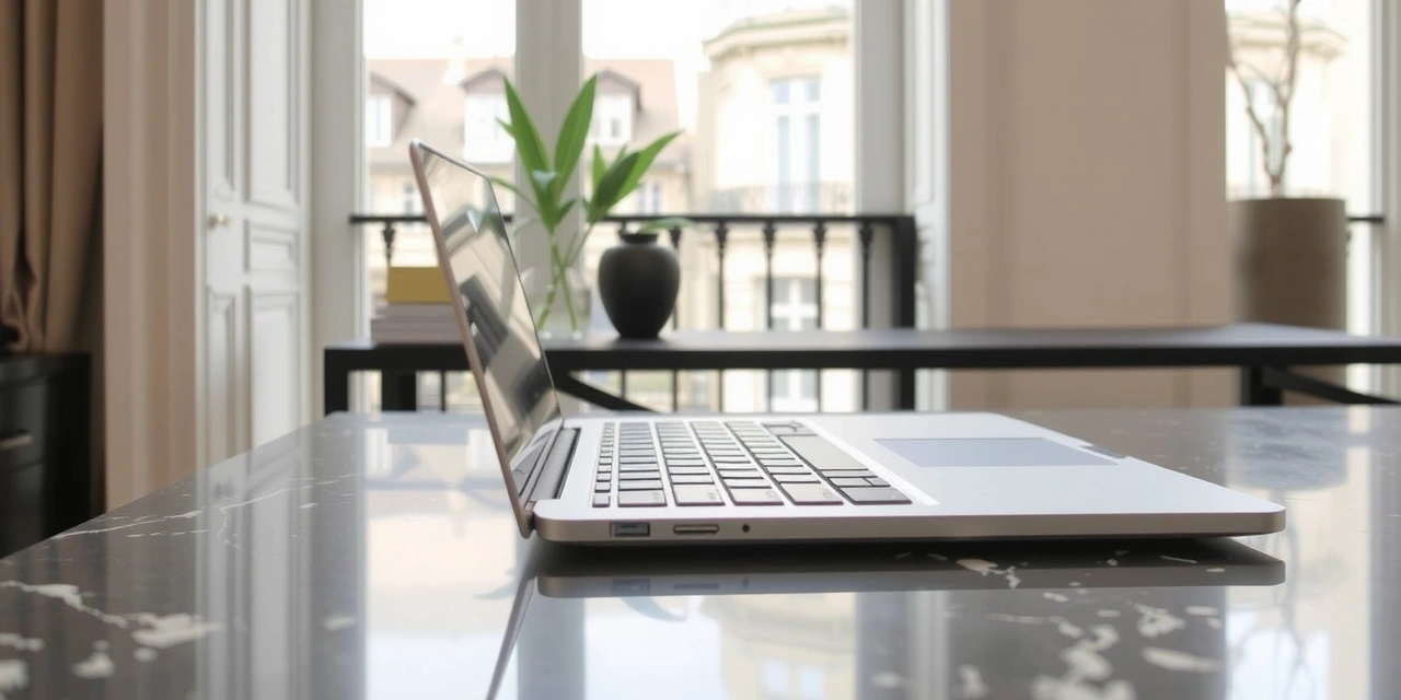 Ordinateur portable sur bureau en marbre